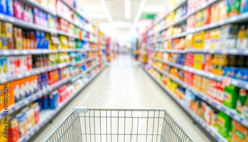 A vibrant shopping cart navigates a brightly lit grocery store aisle lined with colorful products. A compelling visual exploration of consumerism and retail.