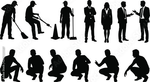 Bild auf Leinwand People silhouettes set with workers cleaning business professionals standing and
