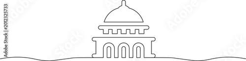 A minimalist line drawing of a building with a dome and arches on the water