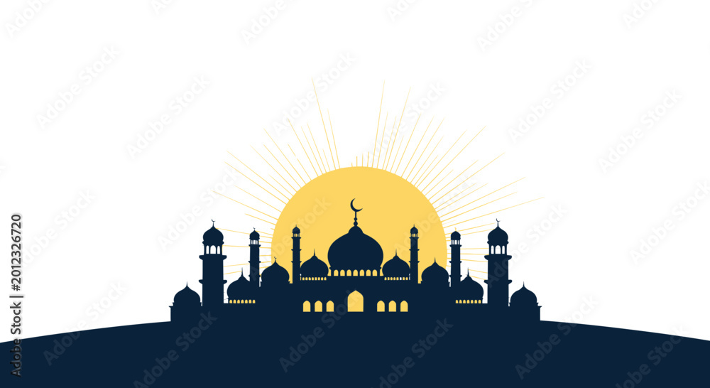 Obraz premium Islamic Mosque Silhouette with Crescent Moon and Sunburst - Ramadan Eid Greeting