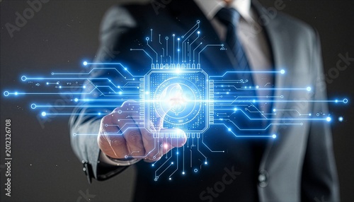 An image of a businessman in a suit interacting with an advanced AI chip, symbolizing innovation and technological advancement.