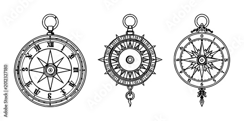 Sun Dial set with intricate black line art on white background featuring ornamental brass dial, stylized sun motifs, celestial numbers and fine gear details with antique and vintage