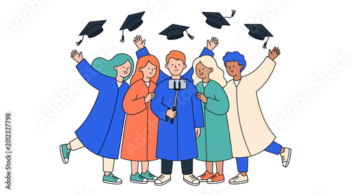 Tablou pe pânză Graduates excitedly capture their joy in graduation ceremony through a group selfie