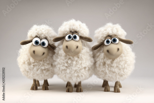 Three adorable 3D rendered cartoon sheep with fluffy white wool and large expressive blue eyes standing side-by-side in a row against a clean neutral background for farm animal concepts