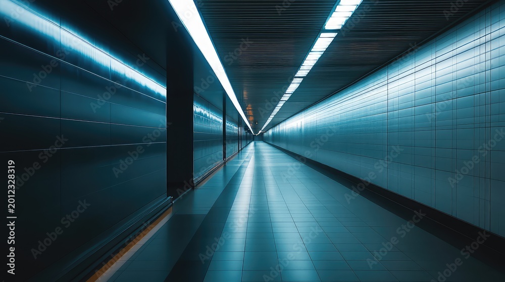 Fototapeta premium Empty subway tunnel with modern blue lighting and futuristic perspective