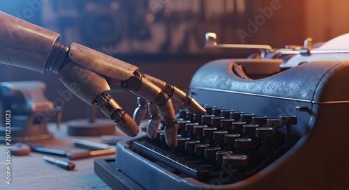 Vintage robot hand typing on a classic typewriter. Artificial intelligence writing old literature. Mechanical cyborg fingers pressing keys on a retro machine.