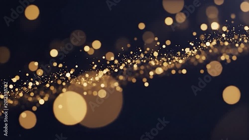 Golden particles and bokeh lights flow on a dark background
