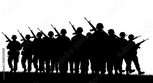 Foto Silhouette Soldiers Marching with Rifles, Military Formation, White Background
