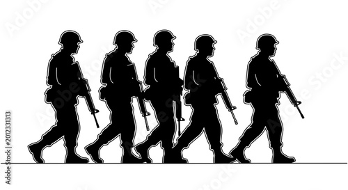 Photos Silhouette Soldiers Marching with Rifles, Military Parade, Uniformed Combatants