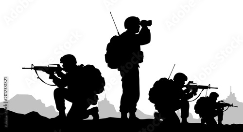Fotografía Silhouette soldiers on alert, tactical mission, combat readiness, military opera