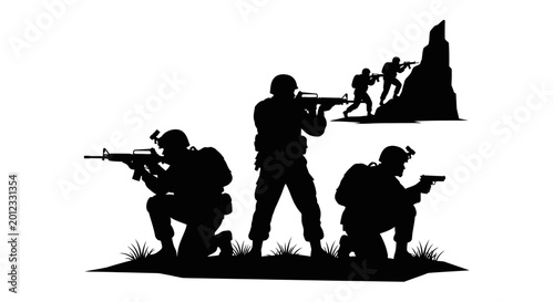 Tableau sur toile Silhouette soldiers with rifles in action, military special forces, combat scene