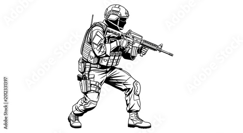 Photos Soldier Aiming Rifle in Combat Gear, Military Action Illustration