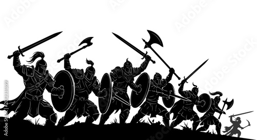 Fotografía Silhouette Warriors with Swords and Axes in Battle