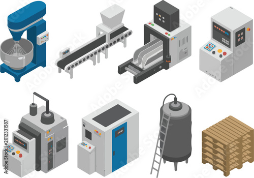 Professional isometric industrial manufacturing equipment set featuring conveyor belts, automated machinery, food processing mixers, and warehouse storage pallets for factory production.