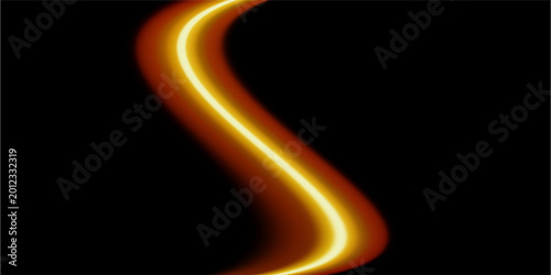Red light trail element. Glowing neon speed line wave. Hot fire color luminous curved path concept. Bright fiery streaks for poster, banner, flyer. Abstract bent dynamic motion stripes. Vector