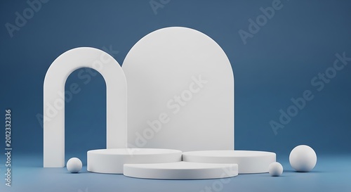 White podium display stand with empty circles and arch shapes on a blue background for product presentation and commercial advertising showcasing luxury items in a clean minimalist studio setup