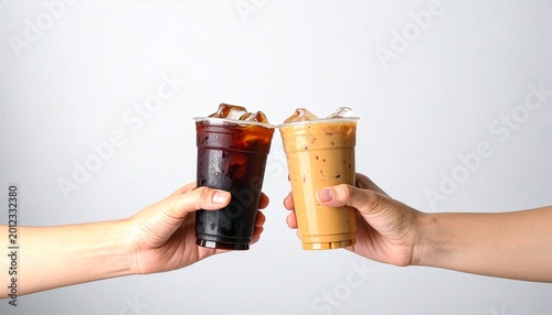 Two hands clink cups of refreshing iced coffee drinks with delightful brown hues, against a simple backdrop, capturing the essence of a social moment.