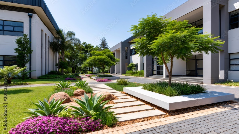 Fototapeta premium Modern office park architecture with landscaped garden courtyard