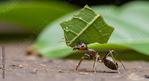 An industrious ant carrying green leaf.
