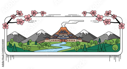 Majestic Volcano Temple Landscape with Cherry Blossoms and River