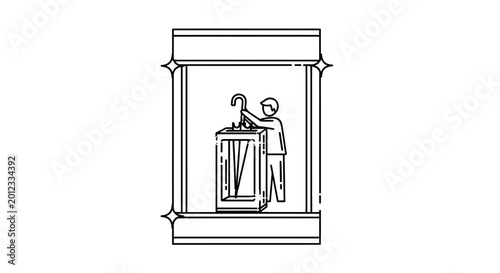 Man Arranging Display in Store Window, Retail Merchandising, Visual Presentation