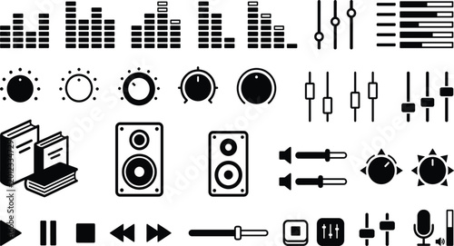 Bild auf Leinwand Audio Equipment and Sound Mixer Icon Set Featuring Music Equalizers, Studio Spea