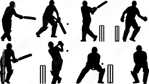Fényképezés Cricket players silhouettes collection batsmen wicketkeeper action poses vector