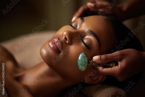 African American woman receiving facial massage with jade roller in spa. skincare routine, beauty treatment, facial massage, wellness therapy