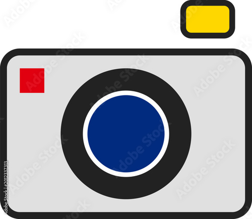 Professional minimalist flat design digital camera icon with gray body and blue lens isolated illustration