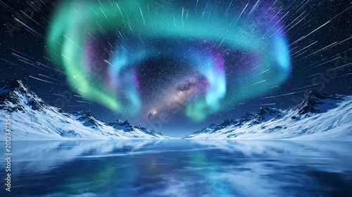 Stunning aurora borealis display over snowy mountains and reflecting water