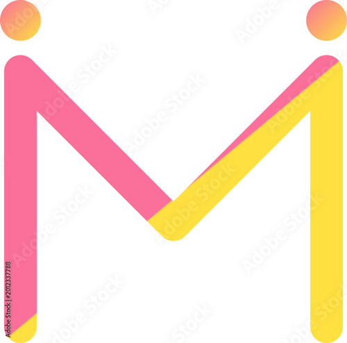 Abstract letter M logo design featuring a vibrant pink to orange gradient and circular elements