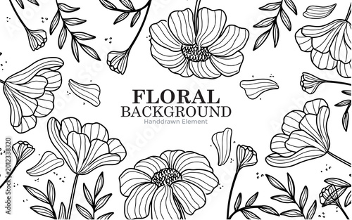 Fotografia Elegant hand-drawn floral background with delicate flowers and leaves in black and white