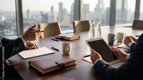 Fotografi Professionals engaged in a detailed business discussion around a conference table with city views