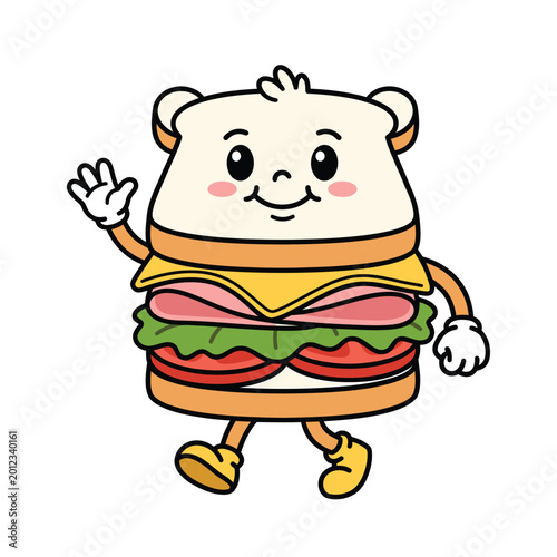 Cute Cartoon Sandwich Character Waving Mascot Illustration