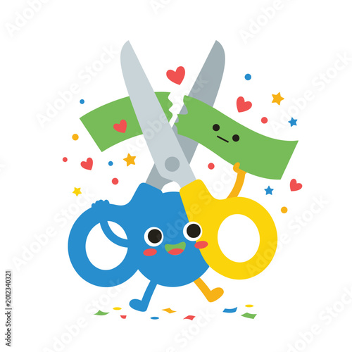 Cute Cartoon Scissors Character Cutting Green Ribbon for Grand Opening Celebration
