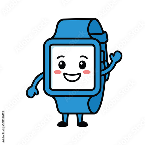 Cute Blue Smartwatch Cartoon Character Waving Mascot Illustration