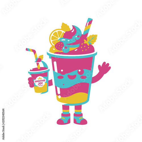 Cute Cartoon Smoothie Character with Fruit Toppings and Straw Mascot Illustration