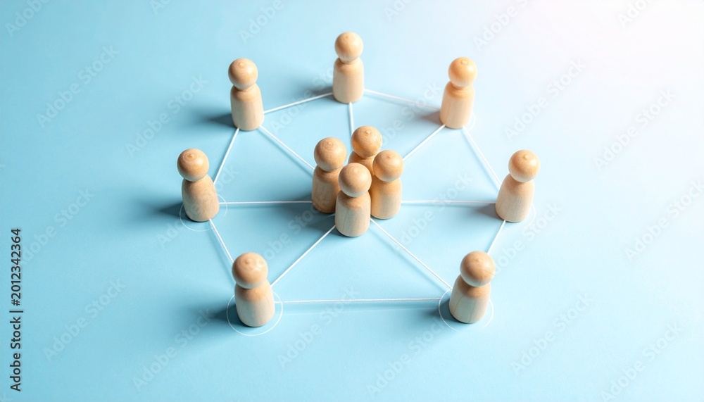 Obraz premium Wooden figurines circle network glowing leader connection.