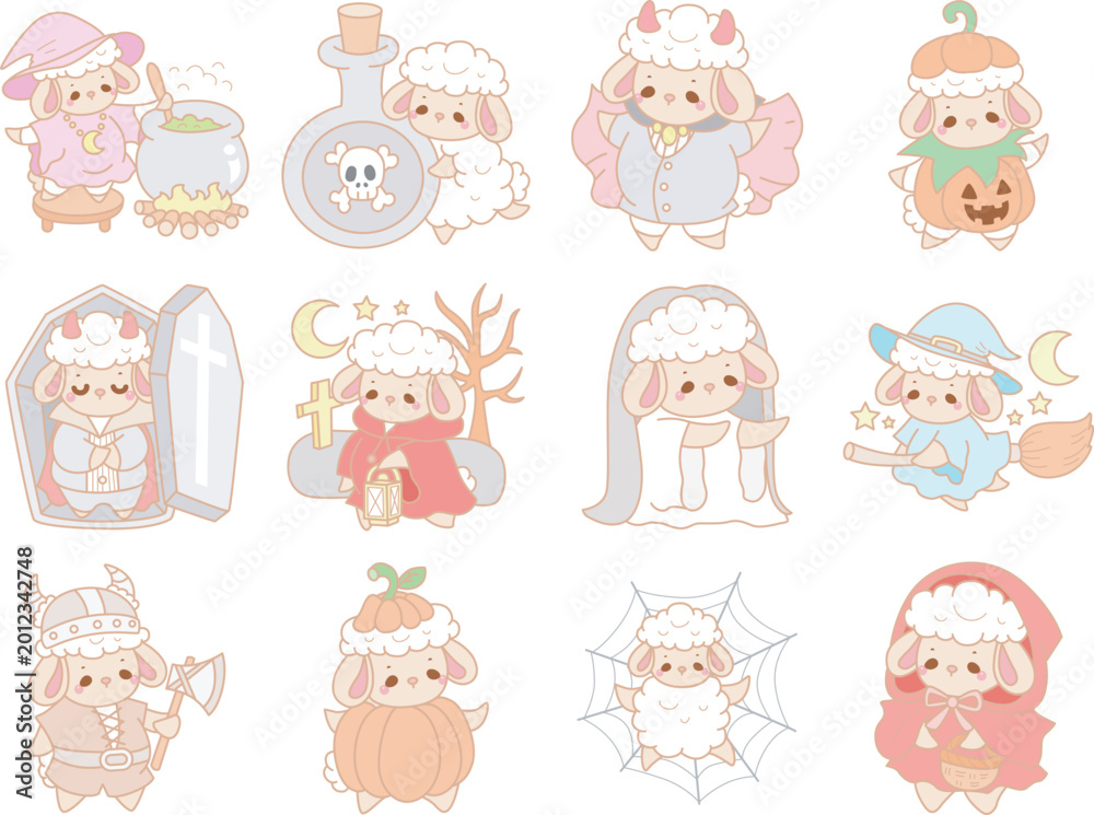 Fototapeta premium Cute sheep hand drawn emotes halloween icon