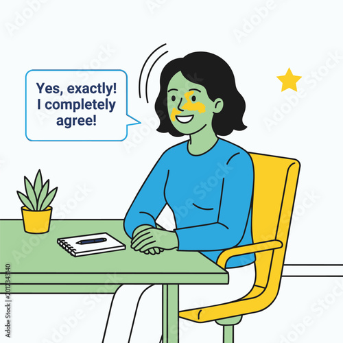 Foto Woman agrees and smiles at desk with plant and notebook