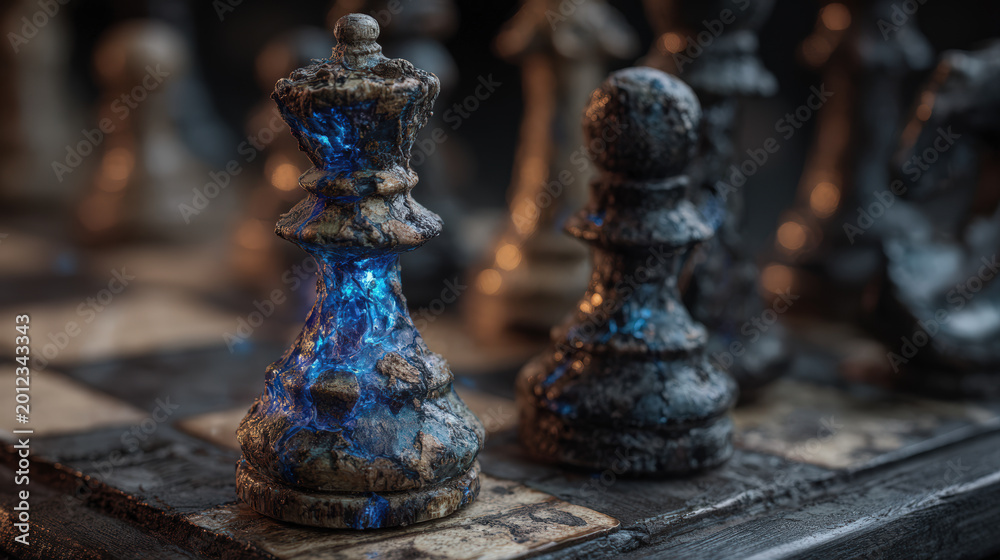 Fototapeta premium Chess king pawn glowing blue fantasy strategy game magic board game king chess piece with glowing blue crack texture old board, fantasy strategy