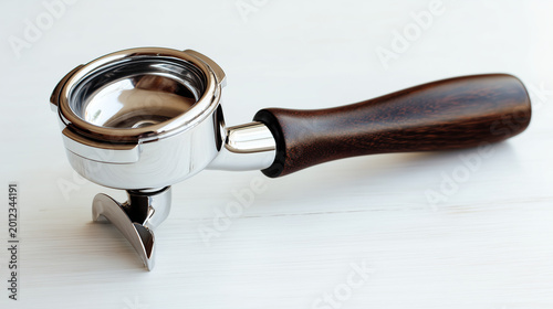Professional stainless steel espresso portafilter with a dark wooden handle resting on a white wooden table, essential tool for barista coffee preparation in a modern cafe or home kitchen