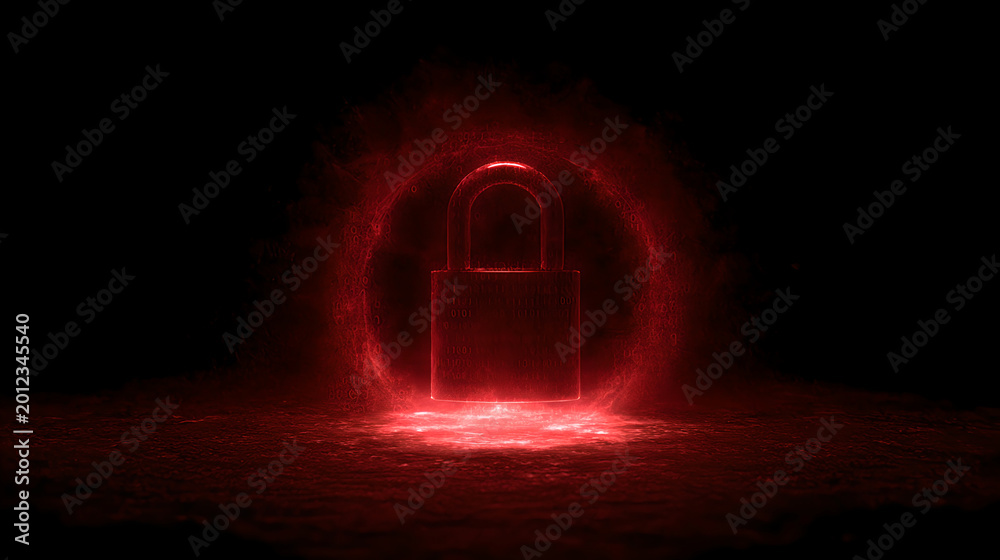 Fototapeta premium Cybersecurity Red Alert Glowing Padlock In Dark Digital Binary Code Tunnel Vortex 