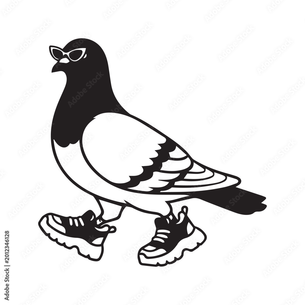 Fototapeta premium Cool cartoon pigeon wearing sunglasses and sneakers walking black and white vector illustration 