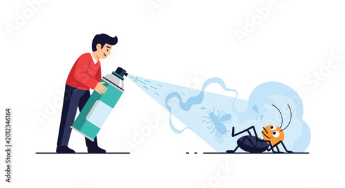 Man using a large spray can to exterminate a pest insect with a cloud of insecticide for pest control and hygiene themes.