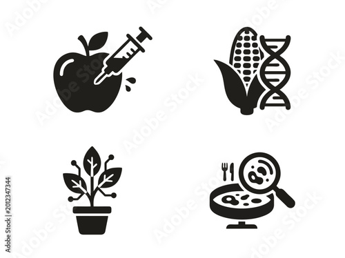 Genetically modified food icons including an apple with a syringe, DNA corn, a plant, and a plate with a magnifying glass.