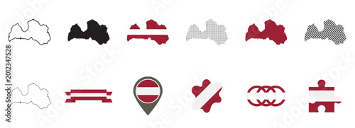Schilderij op canvas Latvia Map Icon Set Flat Design – Country Silhouette Flag Colors Outline and Sol