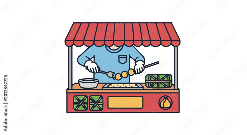 Obraz premium Street food vendor cooking skewers at a colorful stall, cartoon style illustration
