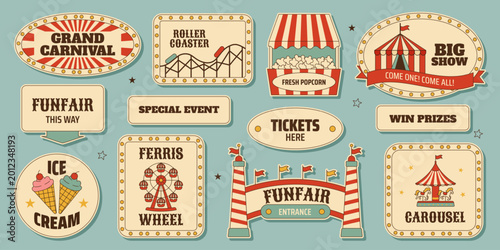 Fényképezés Retro funfair signage sticker set with carnival entrance, carousel, ferris wheel, popcorn stand, tickets and other vintage amusement park labels in mid century style