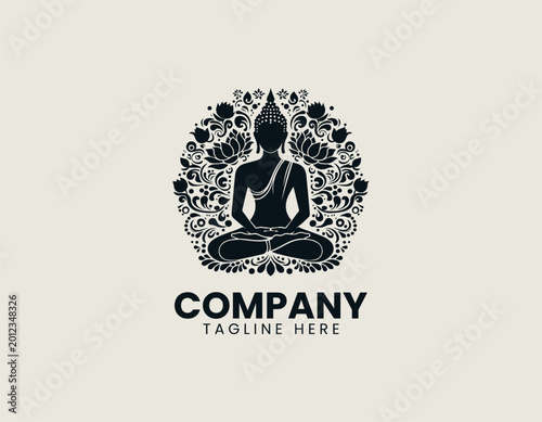 Meditating Buddha silhouette with floral ornament minimalist black vector illustration